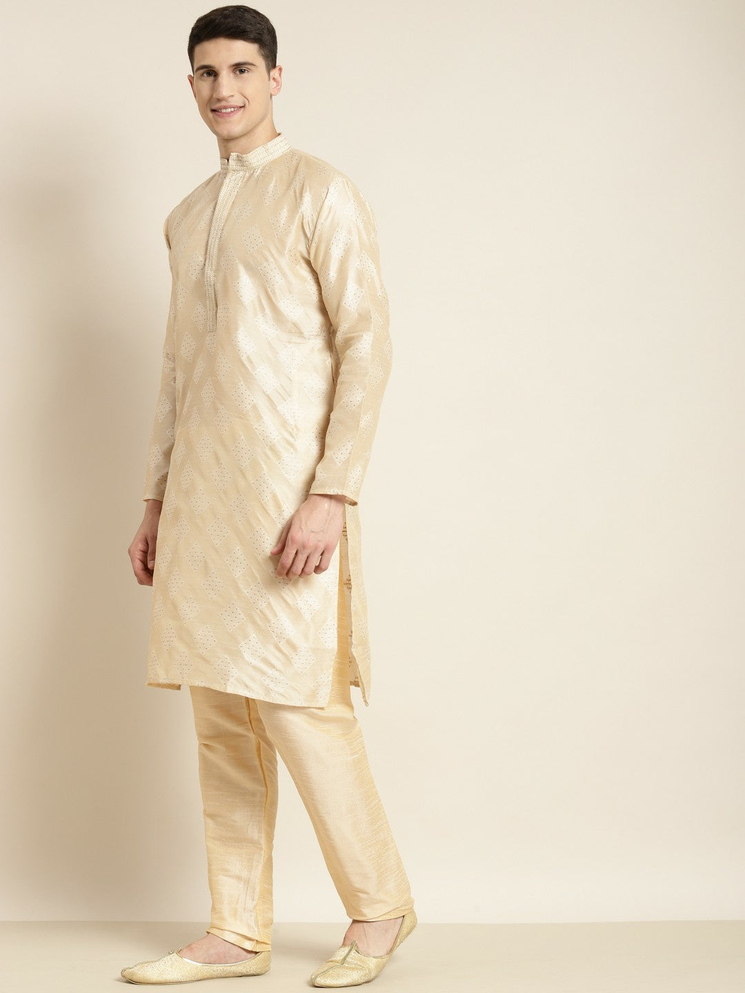 Men's Cream-Coloured & Golden Ethnic Motifs Kurta – Mandarin Collar, Silk Fabric, Knee Length | Indiaista