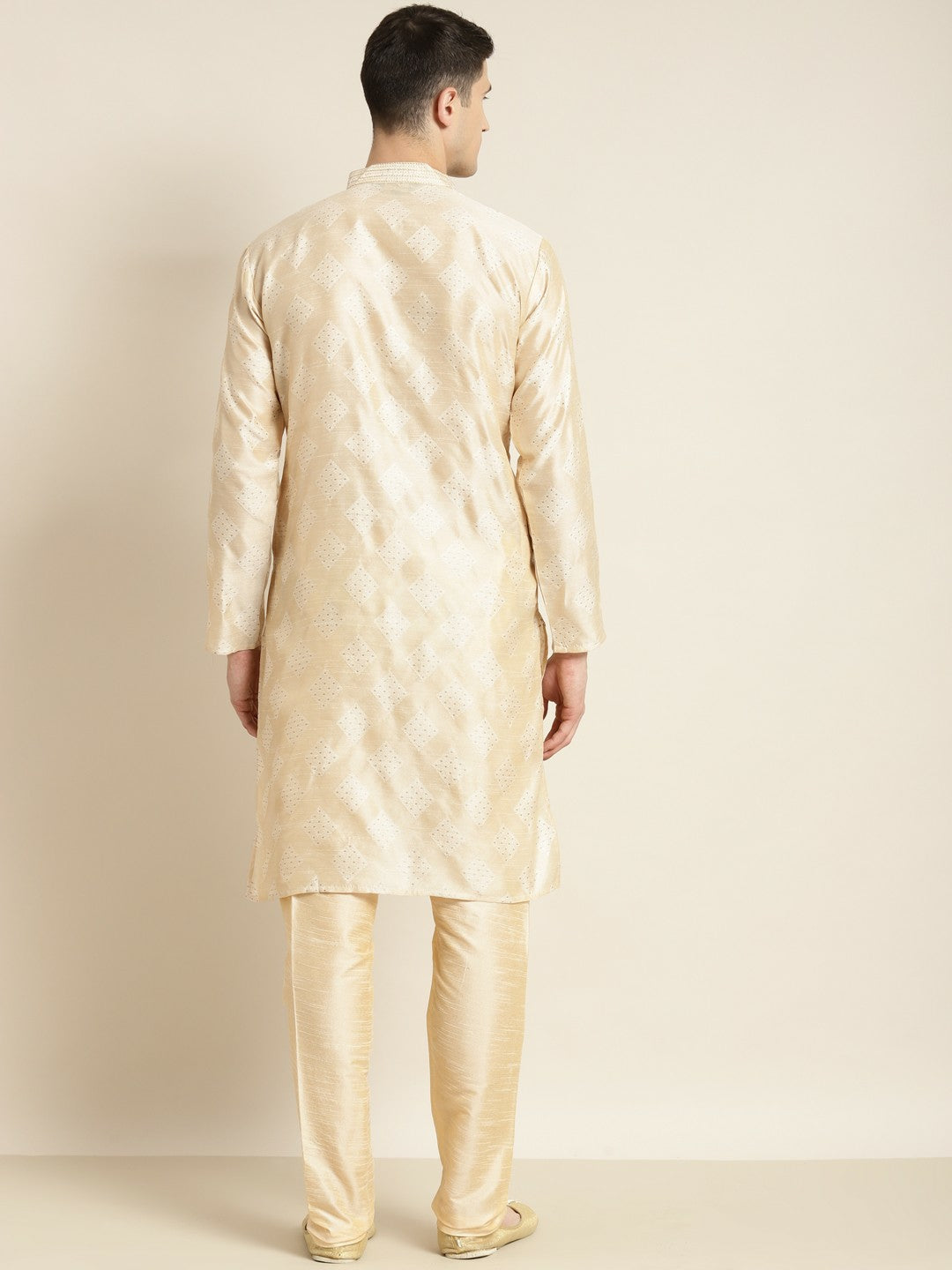 Men's Cream-Coloured & Golden Ethnic Motifs Kurta – Mandarin Collar, Silk Fabric, Knee Length | Indiaista