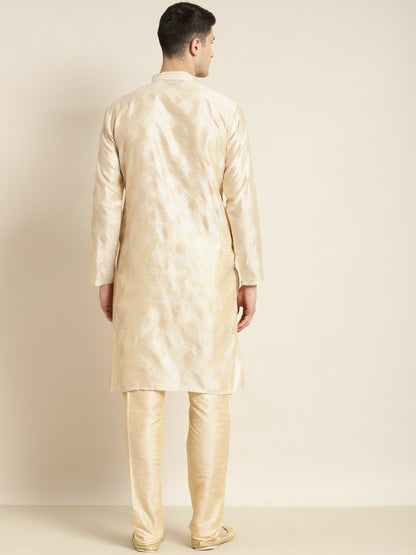 Men's Cream-Coloured & Golden Ethnic Motifs Kurta – Mandarin Collar, Silk Fabric, Knee Length | Indiaista