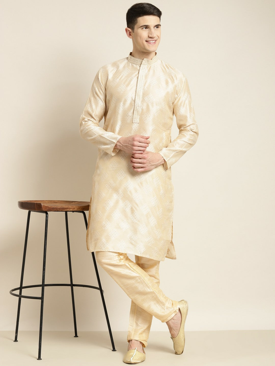 Men's Cream-Coloured & Golden Ethnic Motifs Kurta – Mandarin Collar, Silk Fabric, Knee Length | Indiaista