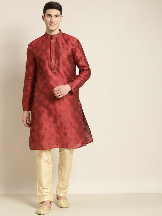 Men’s Maroon & Golden Ethnic Motifs Kurta – Mandarin Collar, Silk Fabric, Knee-Length | Indiaista