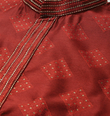 Men’s Maroon & Golden Ethnic Motifs Kurta – Mandarin Collar, Silk Fabric, Knee-Length | Indiaista