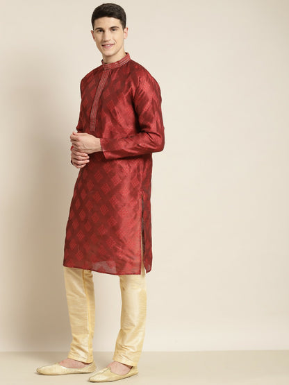 Men’s Maroon & Golden Ethnic Motifs Kurta – Mandarin Collar, Silk Fabric, Knee-Length | Indiaista