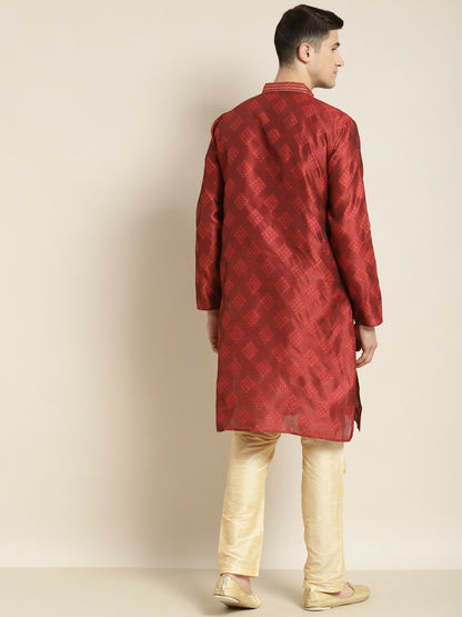 Men’s Maroon & Golden Ethnic Motifs Kurta – Mandarin Collar, Silk Fabric, Knee-Length | Indiaista