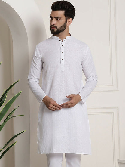 Men's White Checked Dobby Cotton Kurta – Mandarin Collar, Knee-Length, Regular Fit | Indiaista