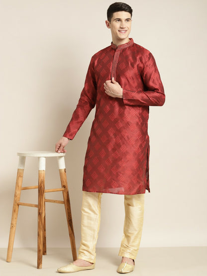 Men’s Maroon & Golden Ethnic Motifs Kurta – Mandarin Collar, Silk Fabric, Knee-Length | Indiaista