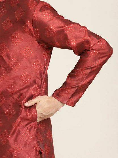 Men’s Maroon & Golden Ethnic Motifs Kurta – Mandarin Collar, Silk Fabric, Knee-Length | Indiaista