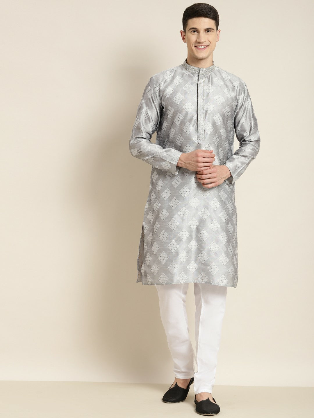 Men Grey & Golden Ethnic Motifs Kurta