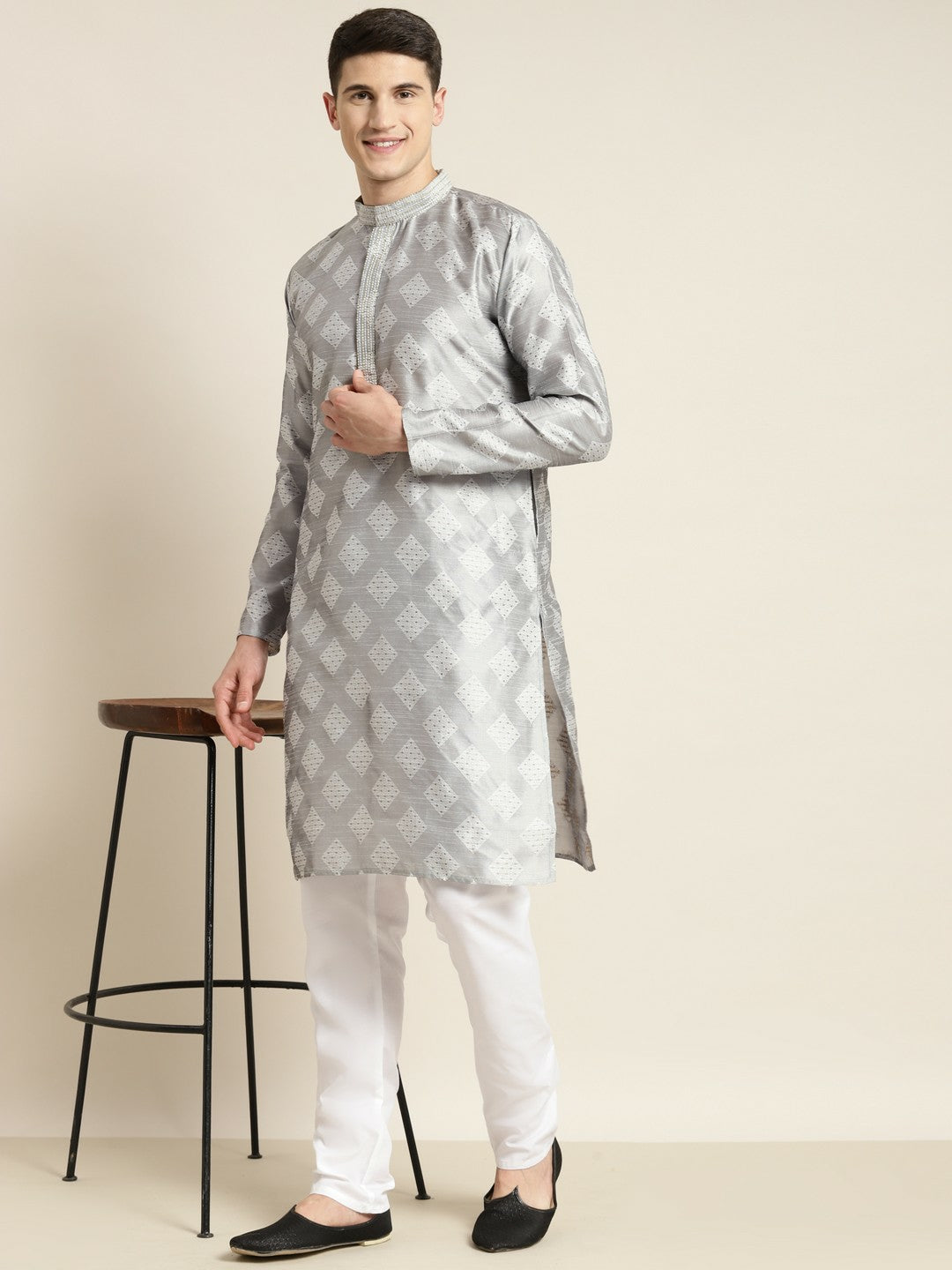 Men Grey & Golden Ethnic Motifs Kurta