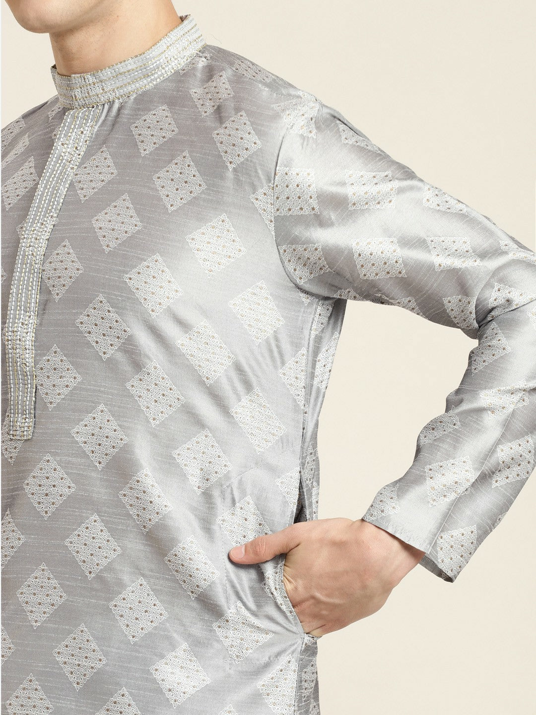 Men Grey & Golden Ethnic Motifs Kurta