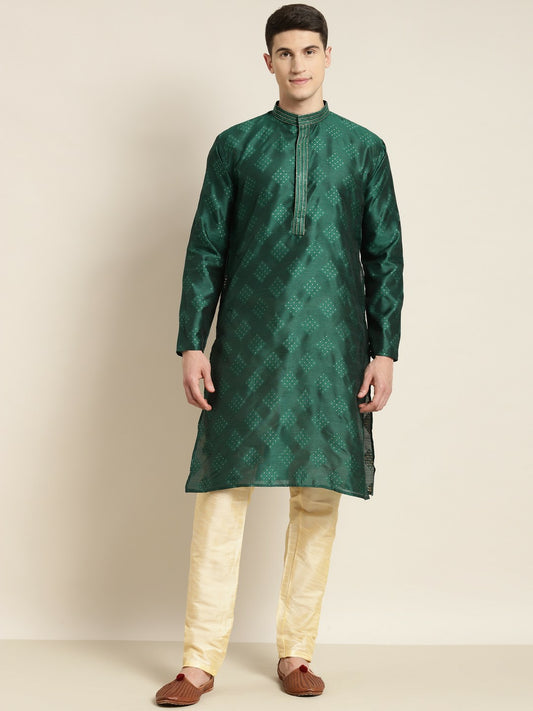 Men's Grey & Golden Jacquard Silk Kurta – Ethnic Woven Design with Mandarin Collar | Indiaista