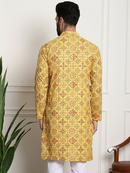 Yellow Ethnic Motifs Printed Men’s Kurta – Mandarin Collar, Cotton Linen, Knee Length | Indiaista