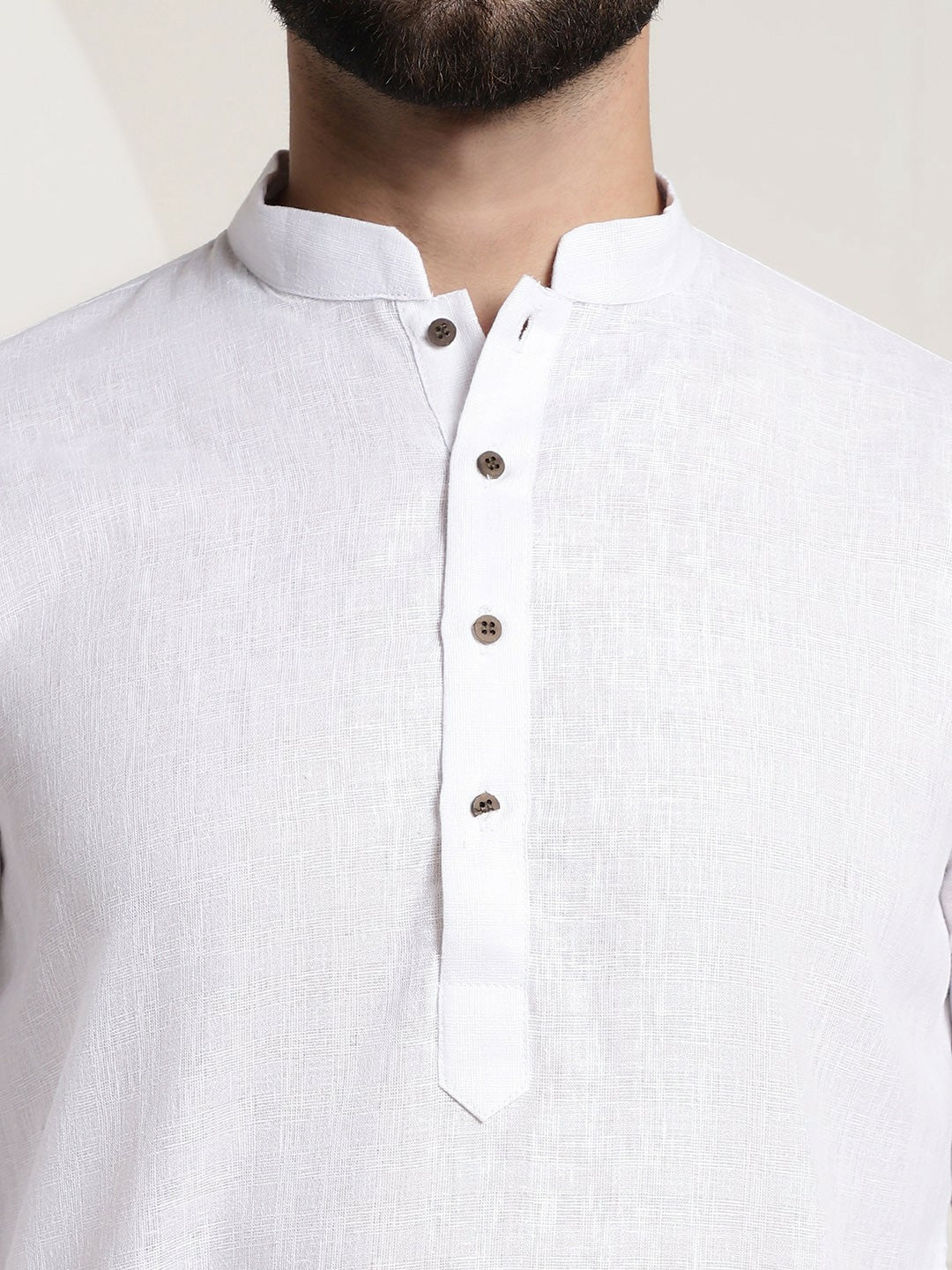 Men's White Checked Dobby Cotton Kurta – Mandarin Collar, Knee-Length, Regular Fit | Indiaista