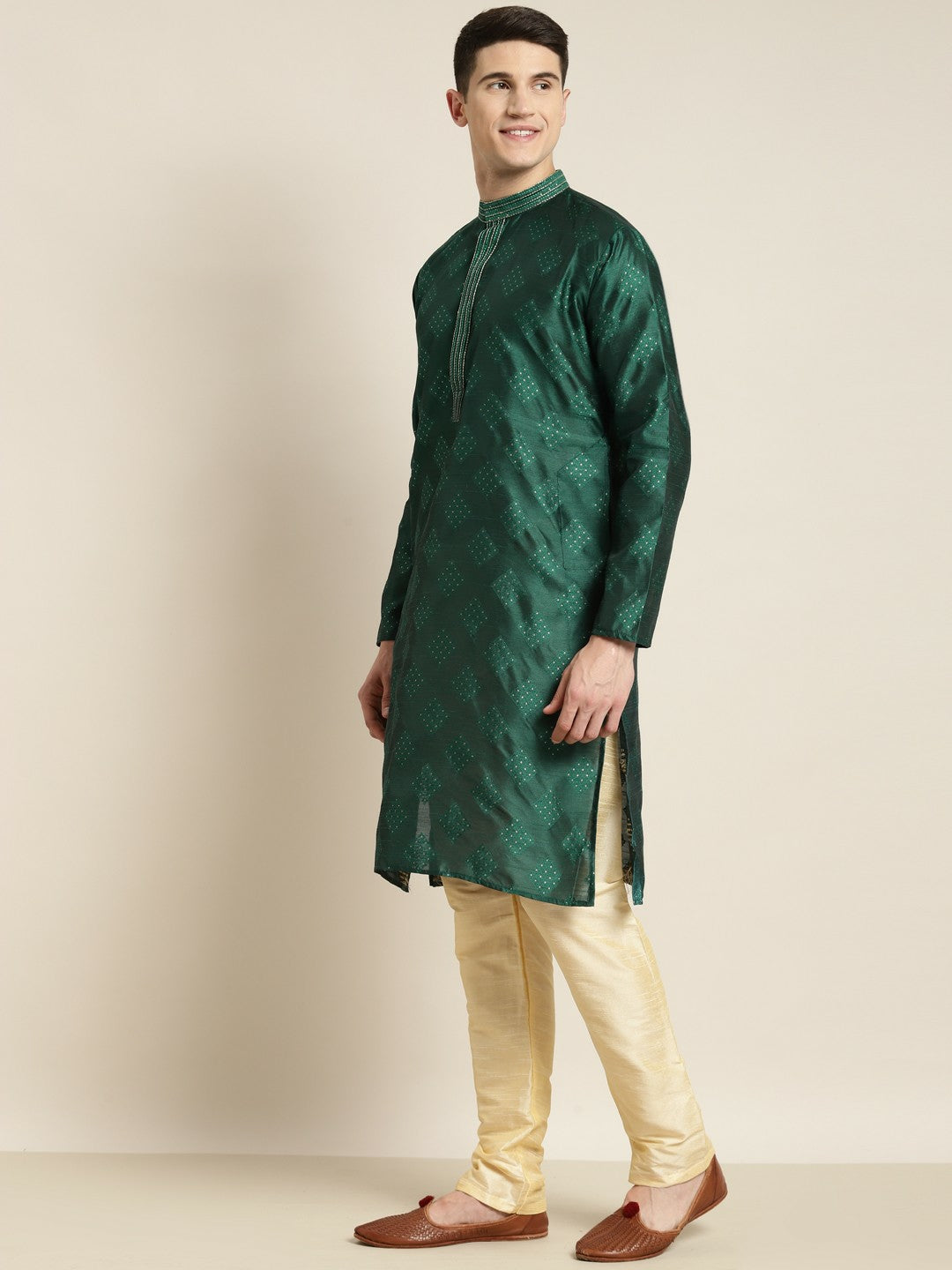 Men's Grey & Golden Jacquard Silk Kurta – Ethnic Woven Design with Mandarin Collar | Indiaista