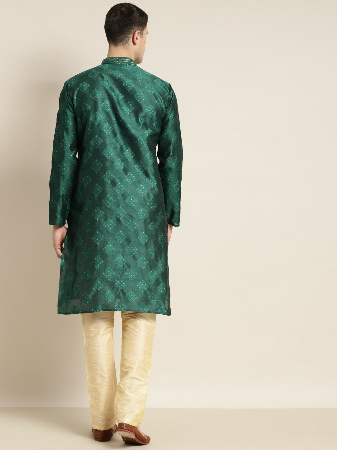 Men's Grey & Golden Jacquard Silk Kurta – Ethnic Woven Design with Mandarin Collar | Indiaista