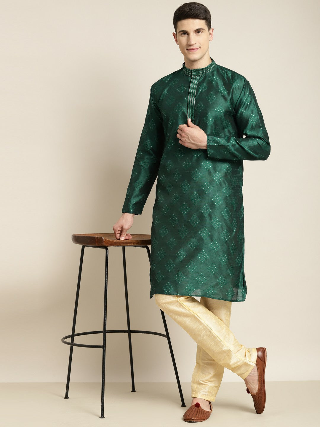 Men's Grey & Golden Jacquard Silk Kurta – Ethnic Woven Design with Mandarin Collar | Indiaista