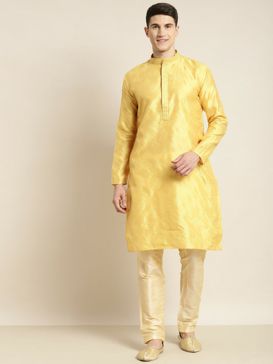 Men's Yellow & Golden Ethnic Motifs Kurta – Mandarin Collar, Silk Fabric, Knee-Length | Indiaista