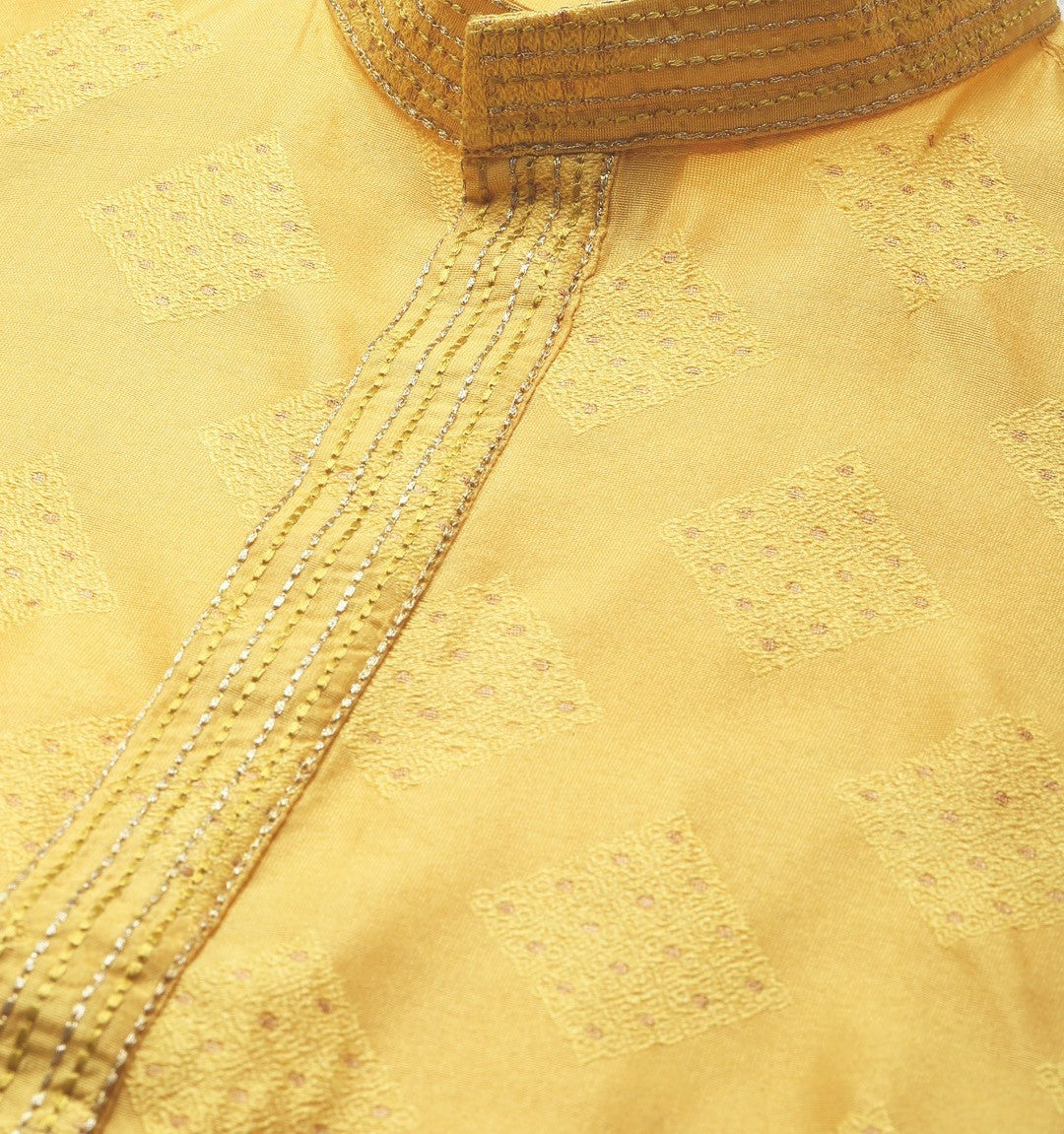 Men's Yellow & Golden Ethnic Motifs Kurta – Mandarin Collar, Silk Fabric, Knee-Length | Indiaista