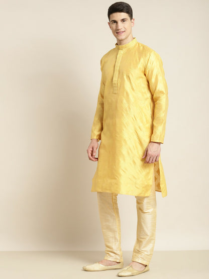 Men's Yellow & Golden Ethnic Motifs Kurta – Mandarin Collar, Silk Fabric, Knee-Length | Indiaista