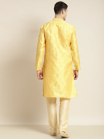 Men's Yellow & Golden Ethnic Motifs Kurta – Mandarin Collar, Silk Fabric, Knee-Length | Indiaista