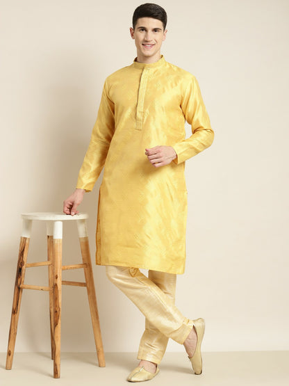 Men's Yellow & Golden Ethnic Motifs Kurta – Mandarin Collar, Silk Fabric, Knee-Length | Indiaista