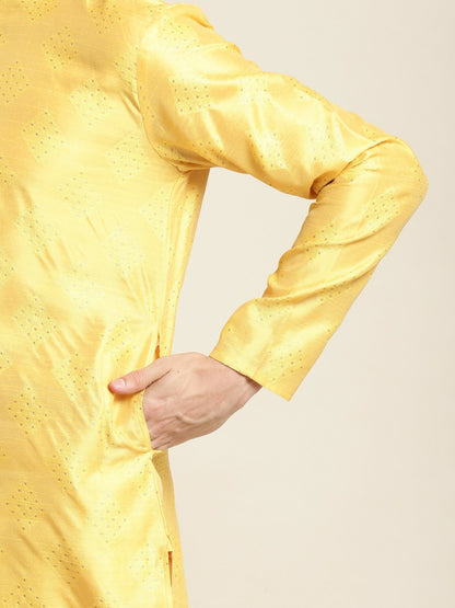 Men's Yellow & Golden Ethnic Motifs Kurta – Mandarin Collar, Silk Fabric, Knee-Length | Indiaista