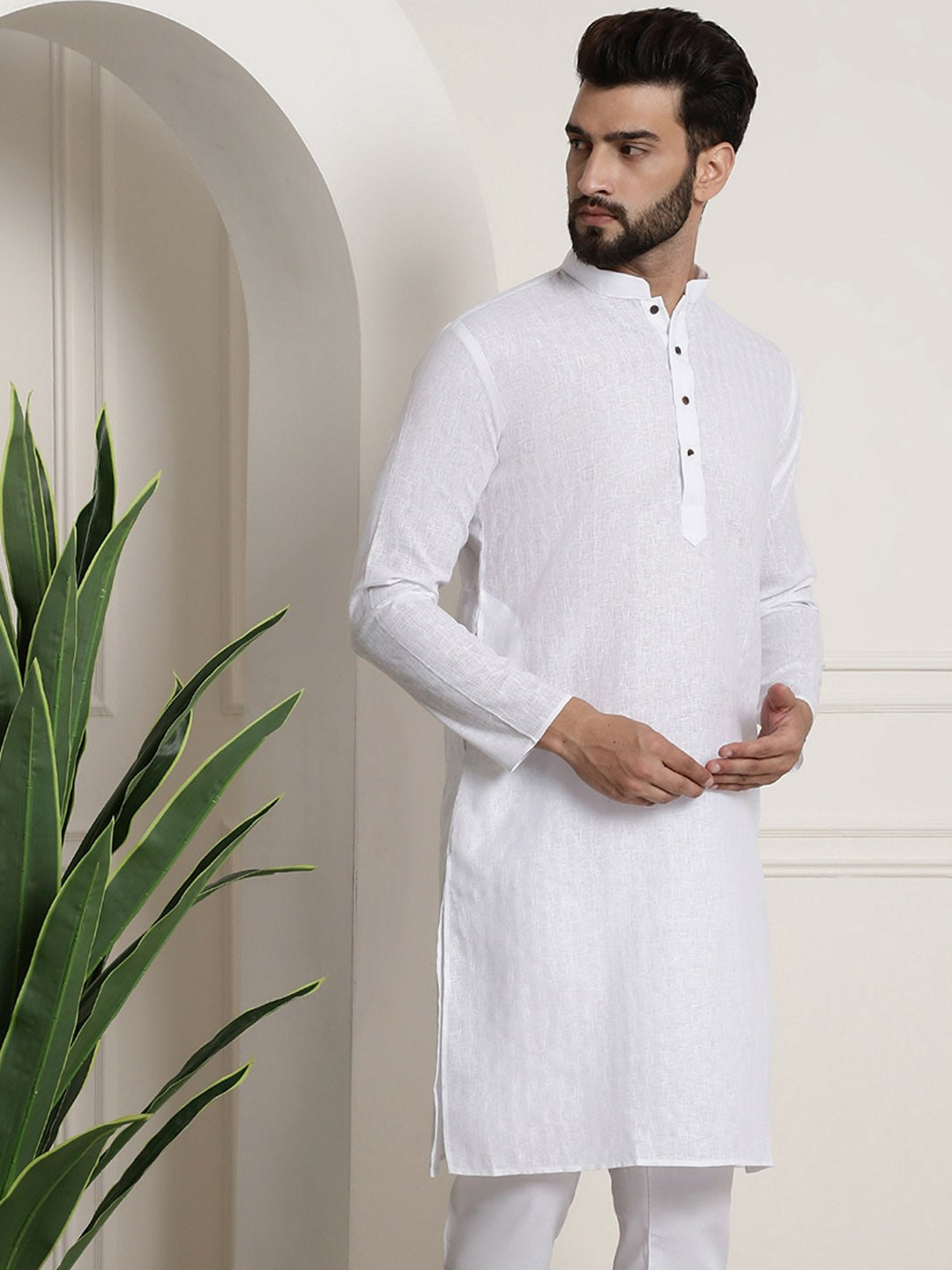 Men's White Checked Dobby Cotton Kurta – Mandarin Collar, Knee-Length, Regular Fit | Indiaista