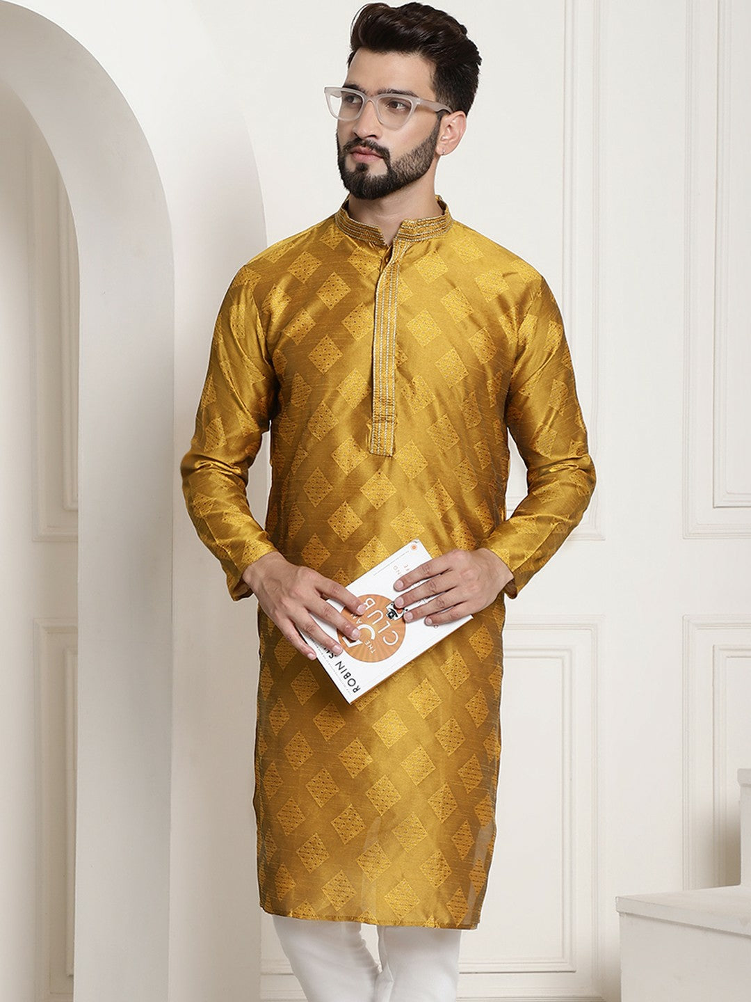 Men's Mustard Yellow Ethnic Motifs Jacquard Silk Kurta – Mandarin Collar, Knee Length | Indiaista