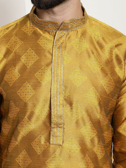 Men's Mustard Yellow Ethnic Motifs Jacquard Silk Kurta – Mandarin Collar, Knee Length | Indiaista