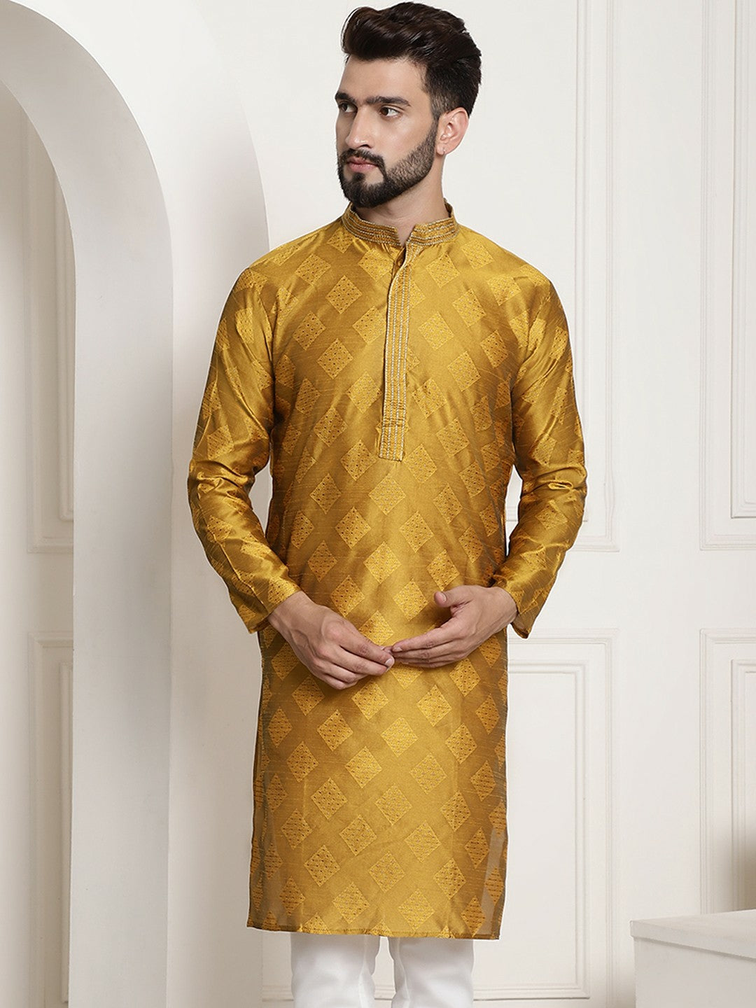 Men's Mustard Yellow Ethnic Motifs Jacquard Silk Kurta – Mandarin Collar, Knee Length | Indiaista