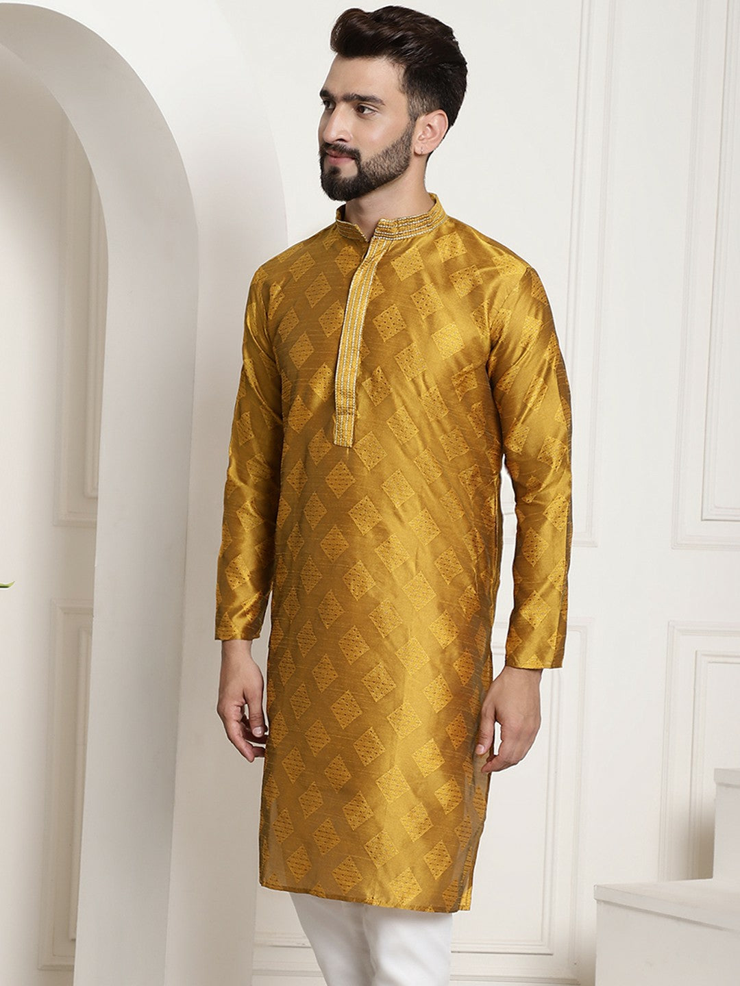 Men's Mustard Yellow Ethnic Motifs Jacquard Silk Kurta – Mandarin Collar, Knee Length | Indiaista