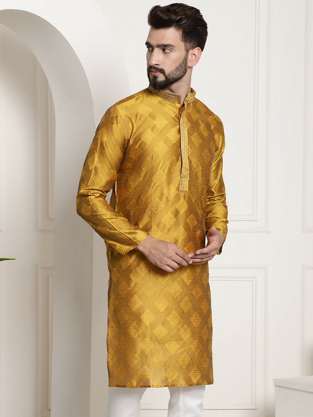 Men's Mustard Yellow Ethnic Motifs Jacquard Silk Kurta – Mandarin Collar, Knee Length | Indiaista