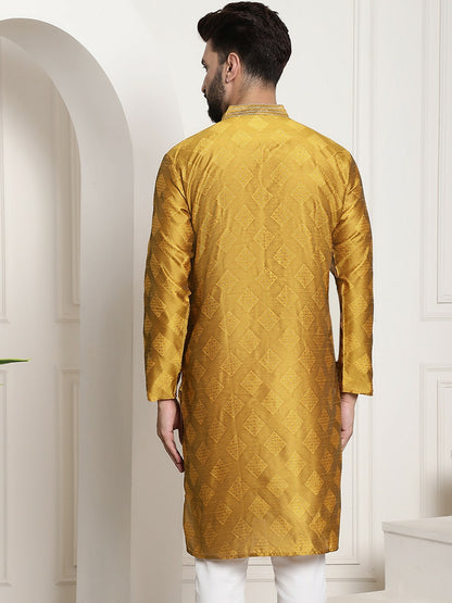 Men's Mustard Yellow Ethnic Motifs Jacquard Silk Kurta – Mandarin Collar, Knee Length | Indiaista