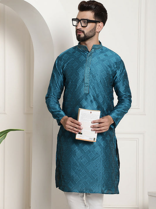 Men's Blue Jacquard Silk Kurta – Mandarin Collar, Woven Design, Knee-Length | Indiaista