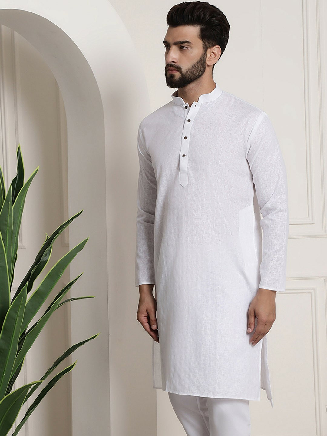 Men's White Checked Dobby Cotton Kurta – Mandarin Collar, Knee-Length, Regular Fit | Indiaista