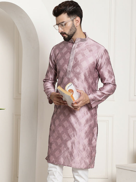 Men's Purple & Gold Ethnic Motifs Kurta – Silk, Mandarin Collar, Knee-Length for Weddings & Festivals | Indiaista