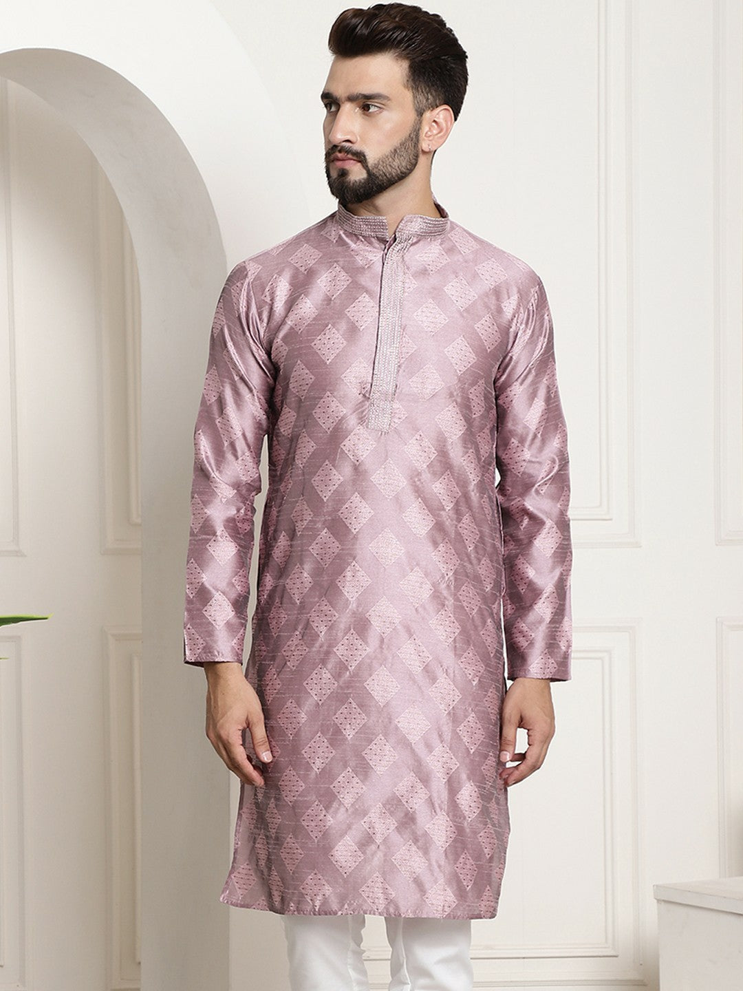 Men's Purple & Gold Ethnic Motifs Kurta – Silk, Mandarin Collar, Knee-Length for Weddings & Festivals | Indiaista