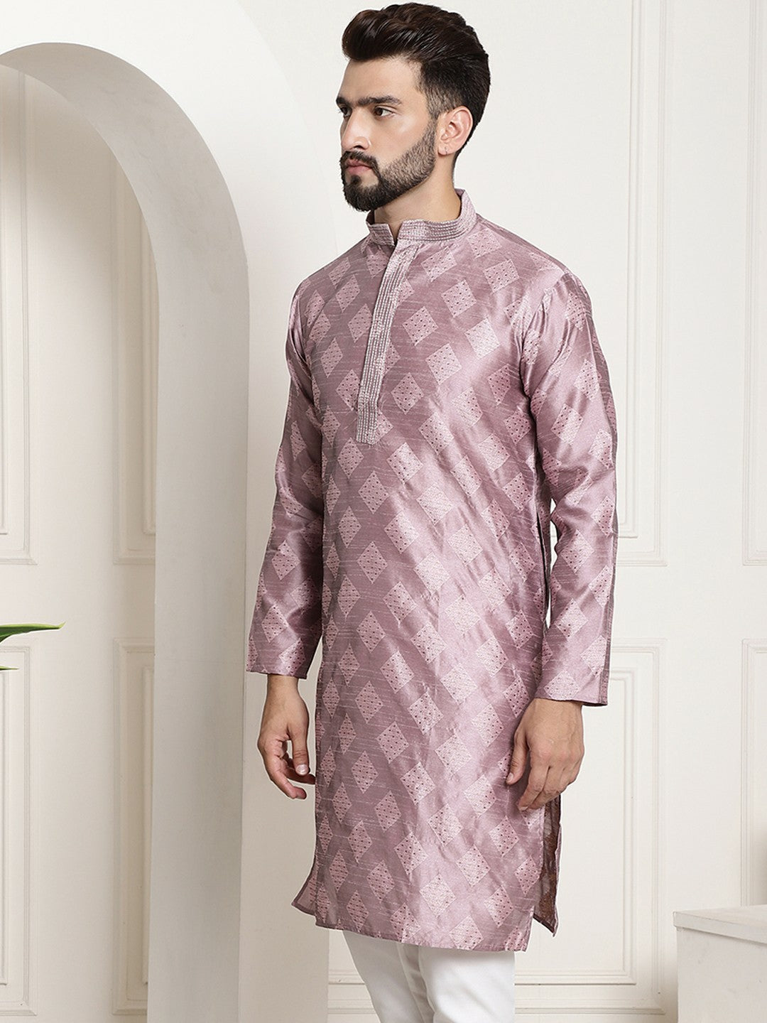 Men's Purple & Gold Ethnic Motifs Kurta – Silk, Mandarin Collar, Knee-Length for Weddings & Festivals | Indiaista