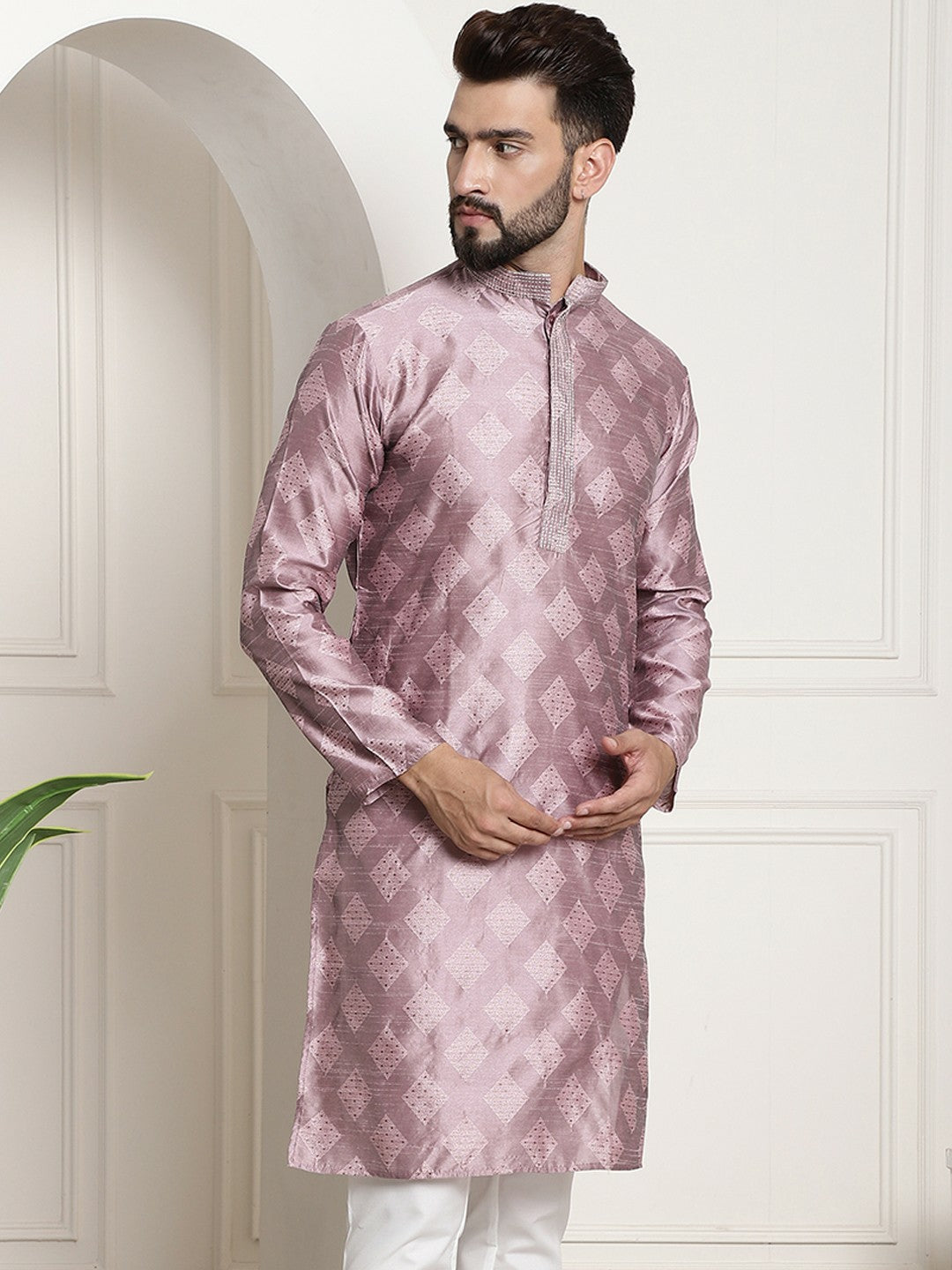 Men's Purple & Gold Ethnic Motifs Kurta – Silk, Mandarin Collar, Knee-Length for Weddings & Festivals | Indiaista