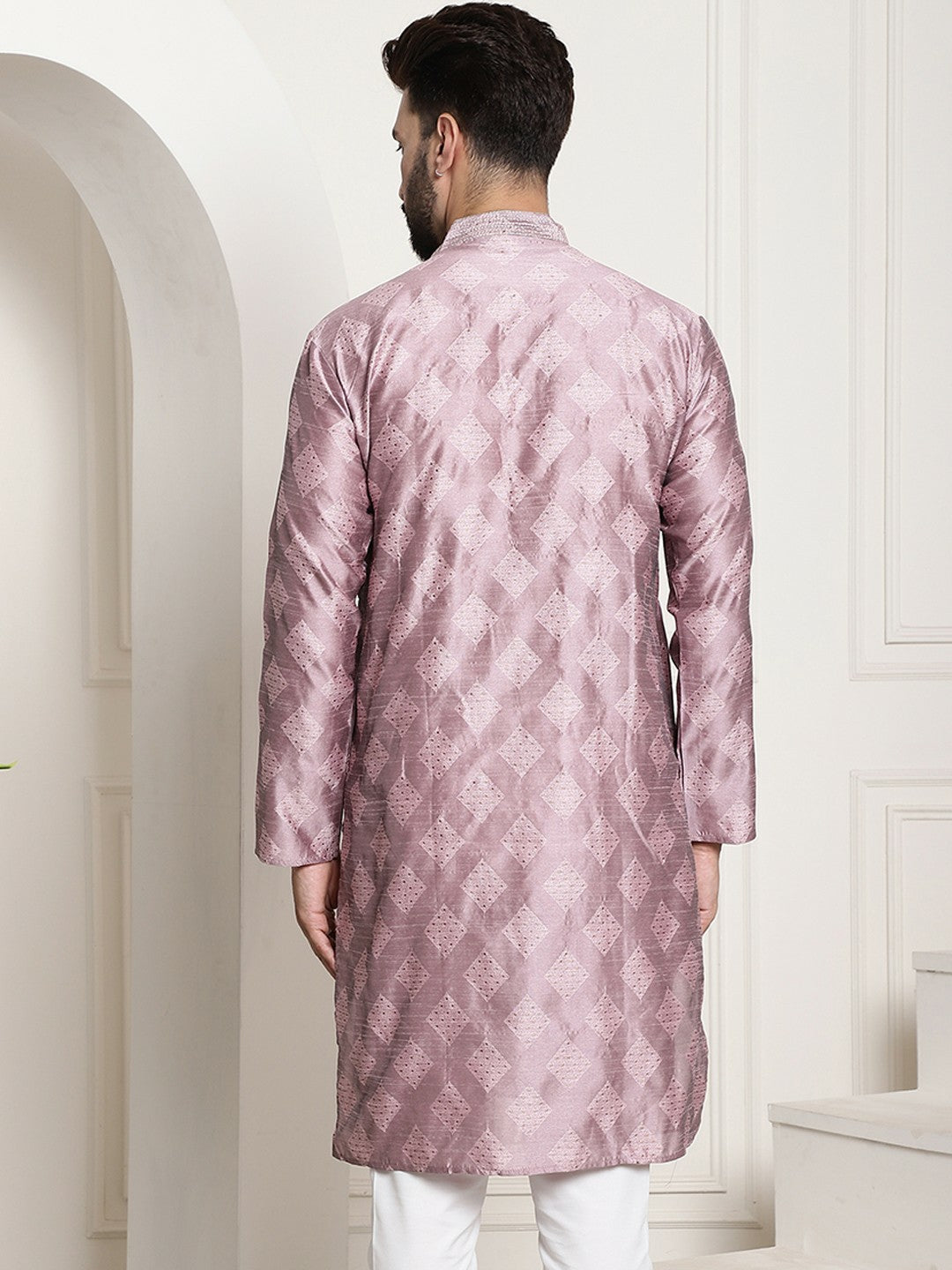 Men's Purple & Gold Ethnic Motifs Kurta – Silk, Mandarin Collar, Knee-Length for Weddings & Festivals | Indiaista