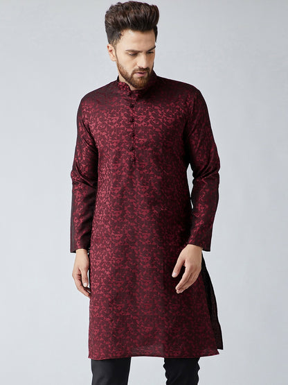 Men's Maroon Woven Design Straight Kurta – Mandarin Collar, Long Sleeves, Side Slits | Indiaista