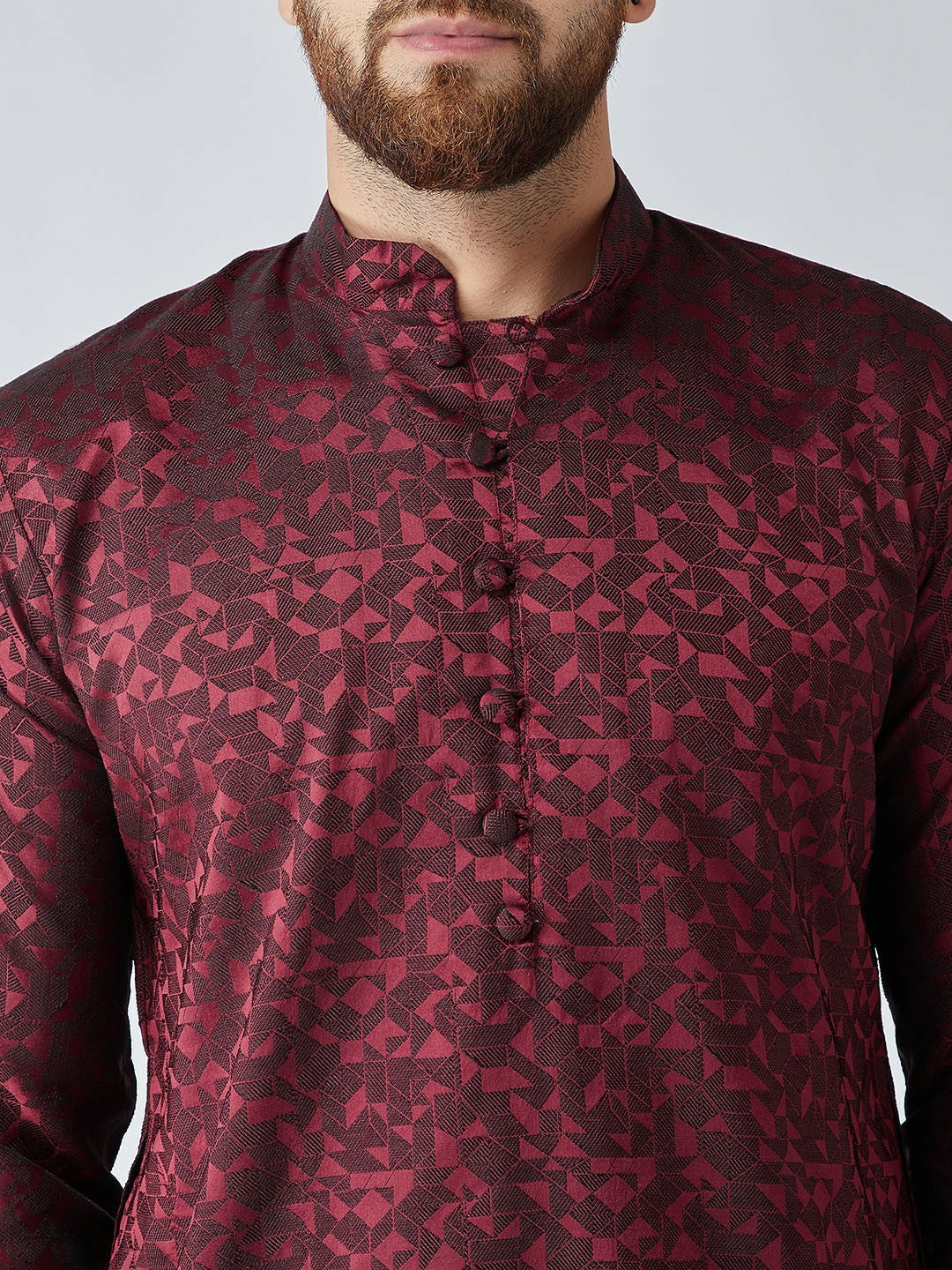 Men's Maroon Woven Design Straight Kurta – Mandarin Collar, Long Sleeves, Side Slits | Indiaista