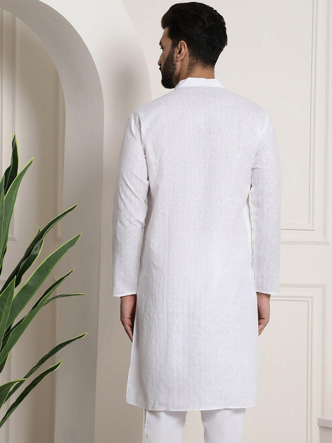 Men's White Checked Dobby Cotton Kurta – Mandarin Collar, Knee-Length, Regular Fit | Indiaista