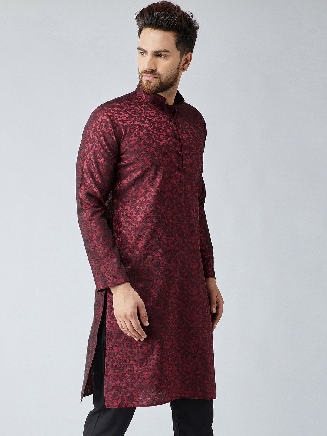 Men's Maroon Woven Design Straight Kurta – Mandarin Collar, Long Sleeves, Side Slits | Indiaista