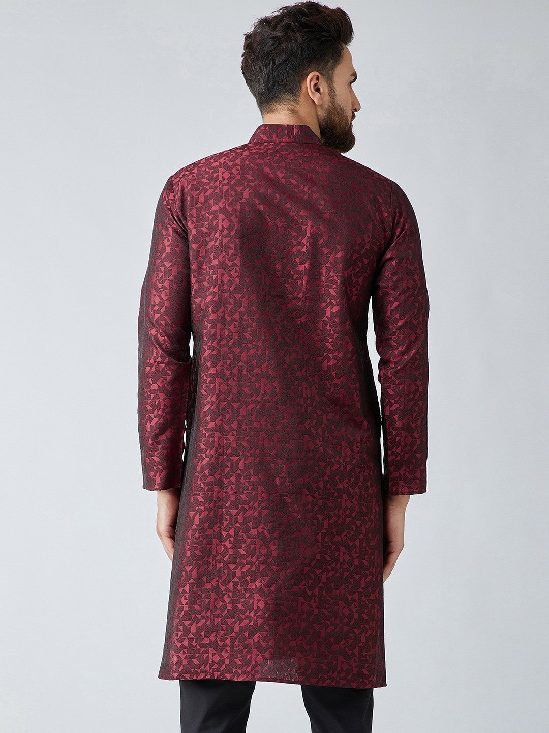 Men's Maroon Woven Design Straight Kurta – Mandarin Collar, Long Sleeves, Side Slits | Indiaista