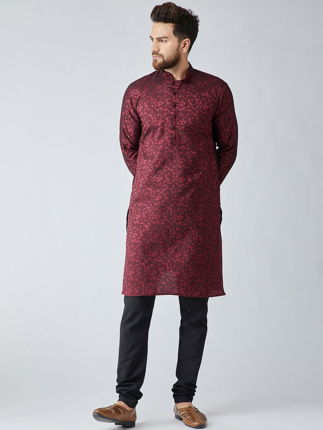 Men's Maroon Woven Design Straight Kurta – Mandarin Collar, Long Sleeves, Side Slits | Indiaista