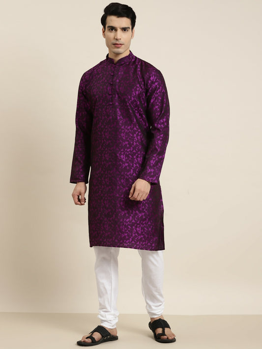 Purple & Pink Self-Design Men’s Kurta – Geometric Woven, Mandarin Collar, Silk | Indiaista