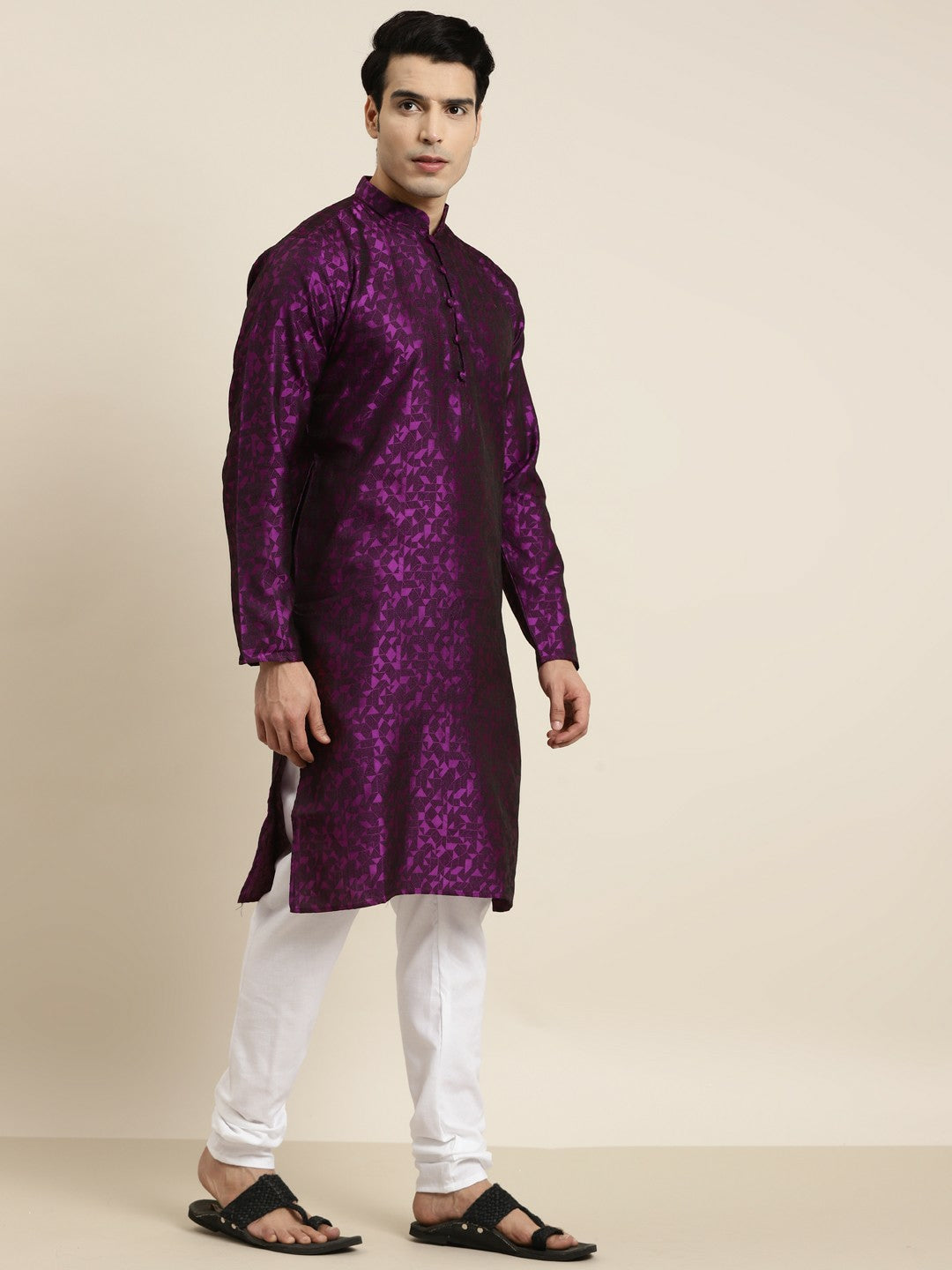 Purple & Pink Self-Design Men’s Kurta – Geometric Woven, Mandarin Collar, Silk | Indiaista