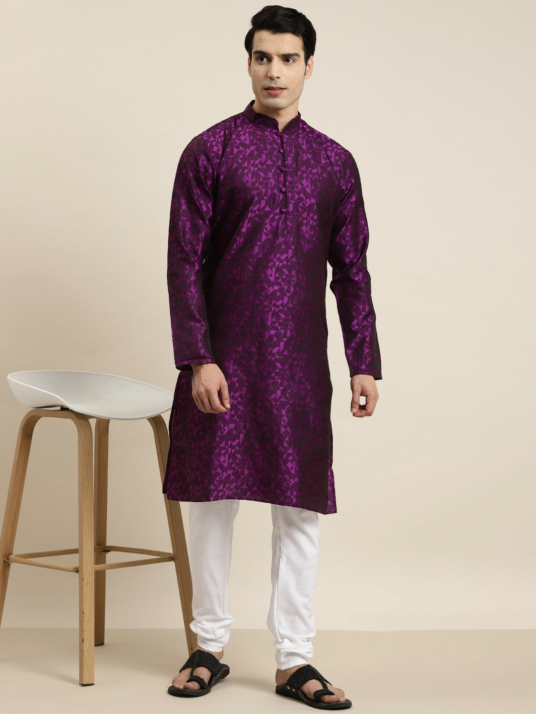 Purple & Pink Self-Design Men’s Kurta – Geometric Woven, Mandarin Collar, Silk | Indiaista