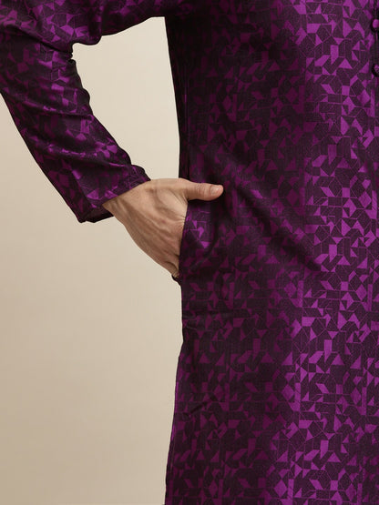 Purple & Pink Self-Design Men’s Kurta – Geometric Woven, Mandarin Collar, Silk | Indiaista